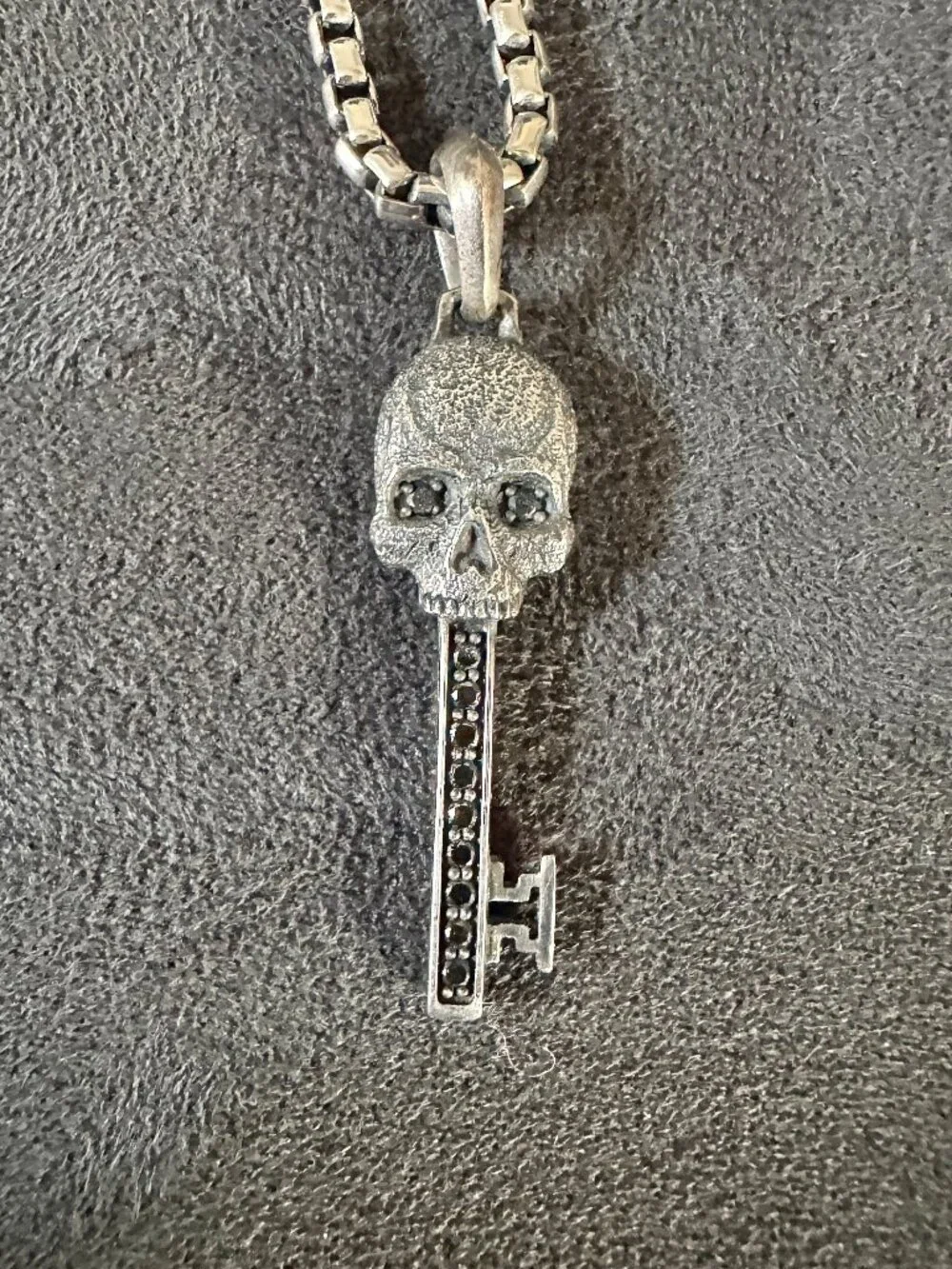 David Yurman Skull Key Pendant w/ Black Diamonds & DY Box Chain Necklace - 20